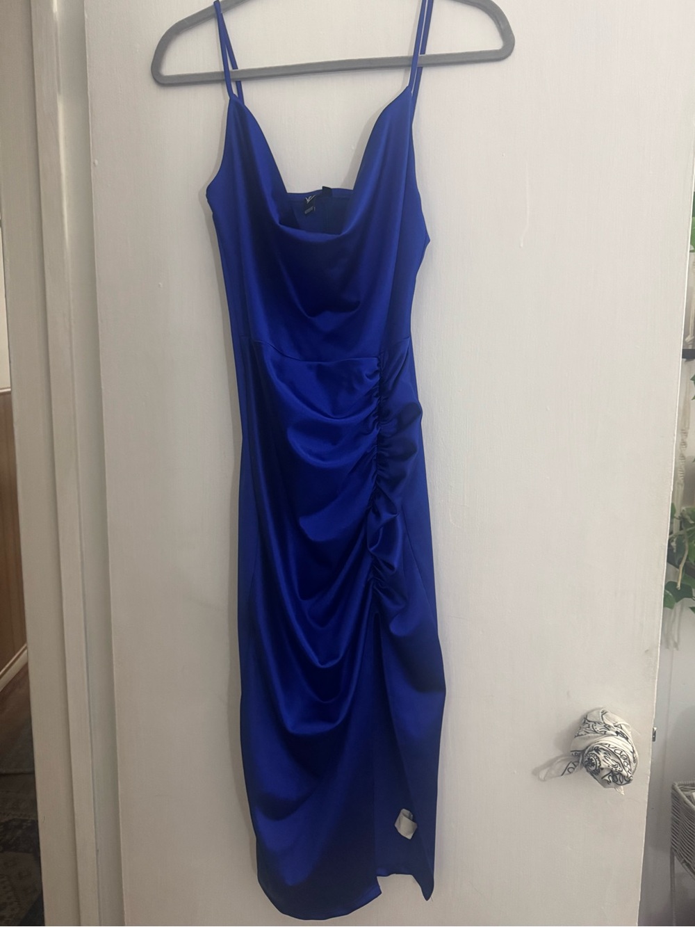 Windsor Cowl Neck Satin Midi Dress in Royal Blue